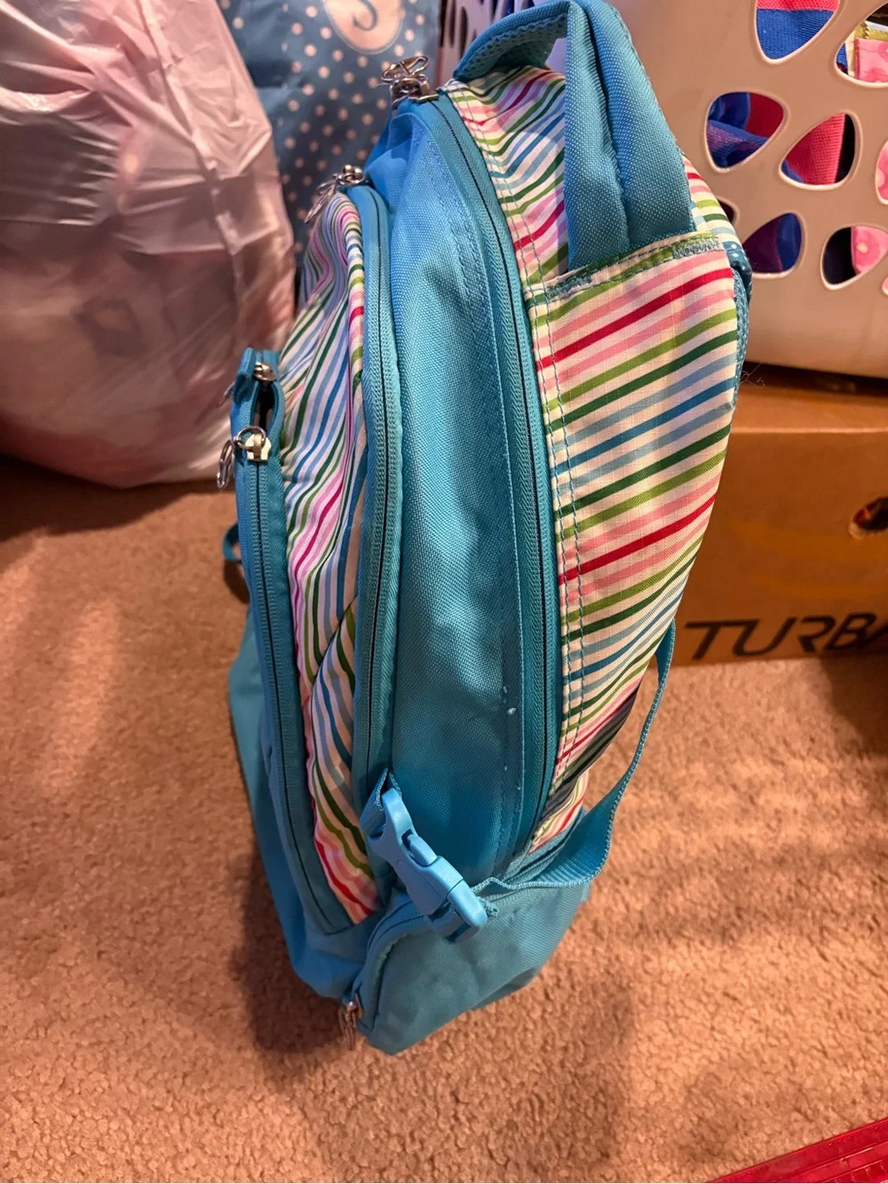 Blue Y2K Backpack with Multicolor Stripes